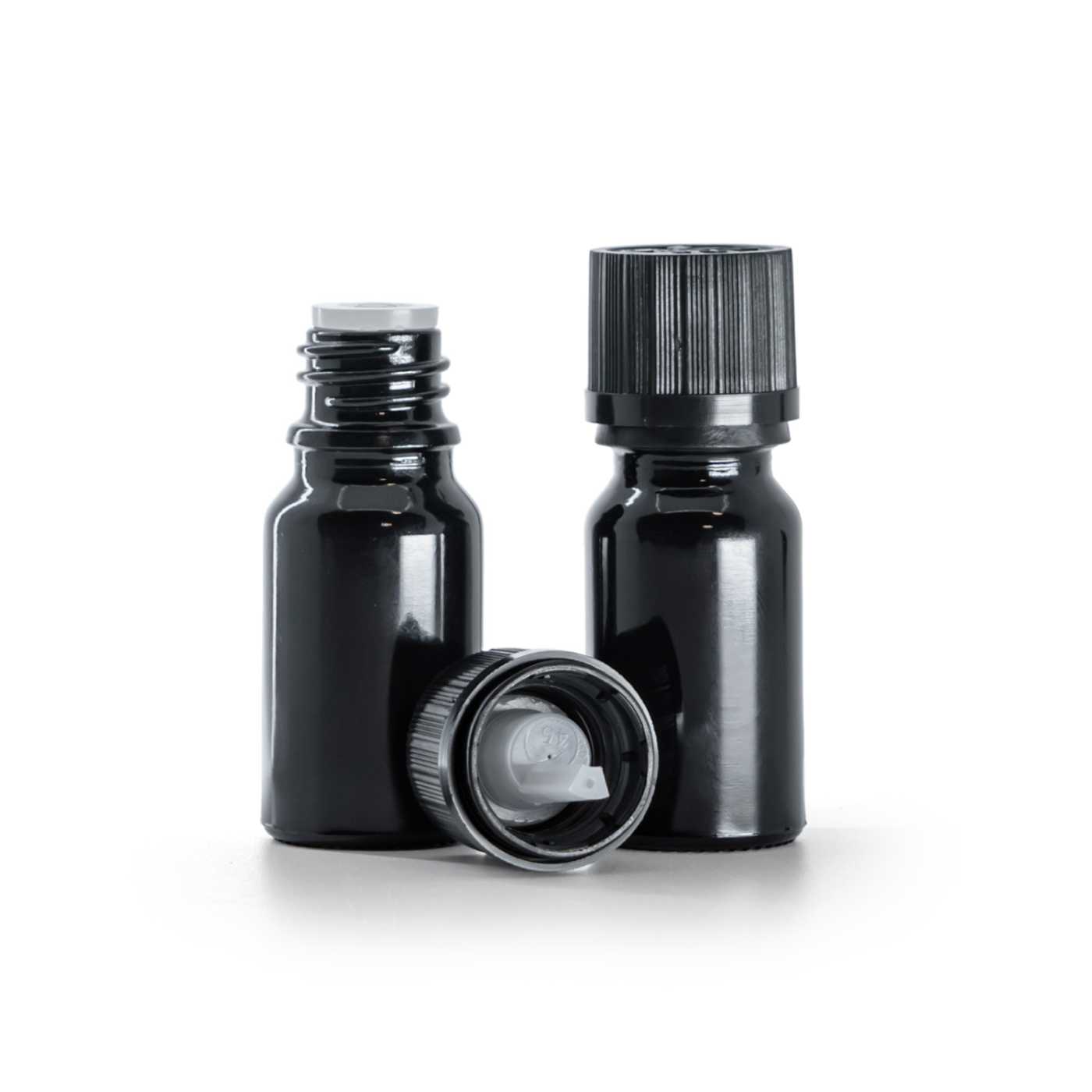 Flacon en verre noir brillant, bouchon inviolable noir avec compte-gouttes, strié, 10 ml