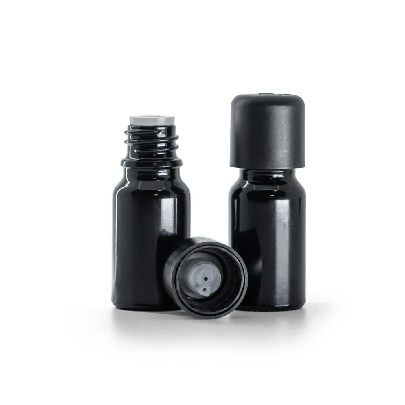 Butelka szklana czarna błyszcząca, nakrętka czarna z zabezpieczeniem, 10 ml