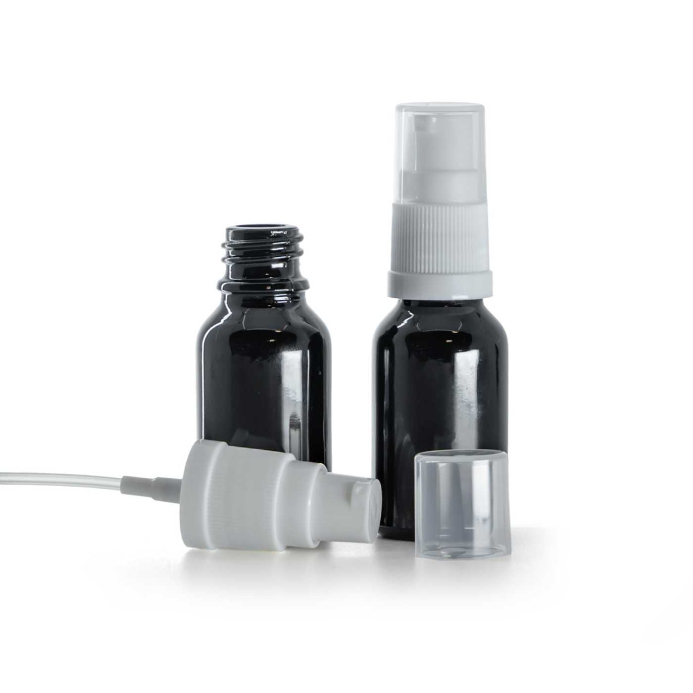 Butelka szklana, czarna błyszcząca, biały dozownik, 15 ml