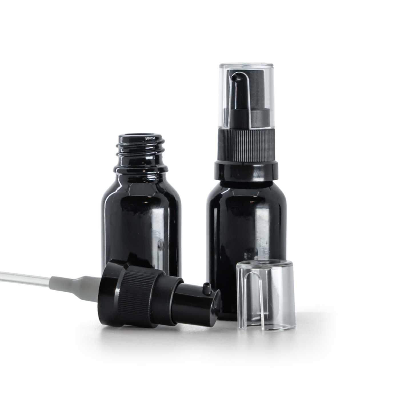 Butelka szklana, czarna błyszcząca, pompka do olejów, 15 ml