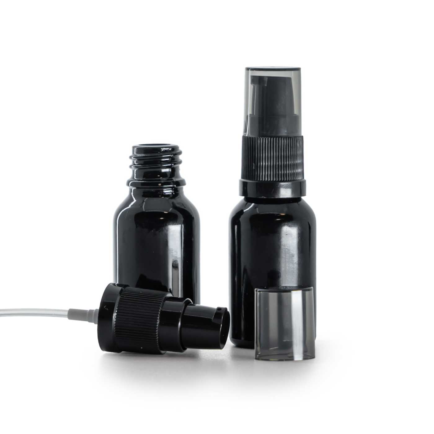 Flacon en verre noir brillant, distributeur de crème avec surcapuchon fumé, 15 ml
