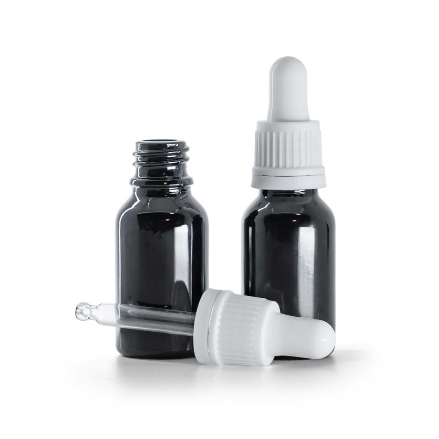 Butelka szklana czarna błyszcząca, kroplomierz biały, 15 ml