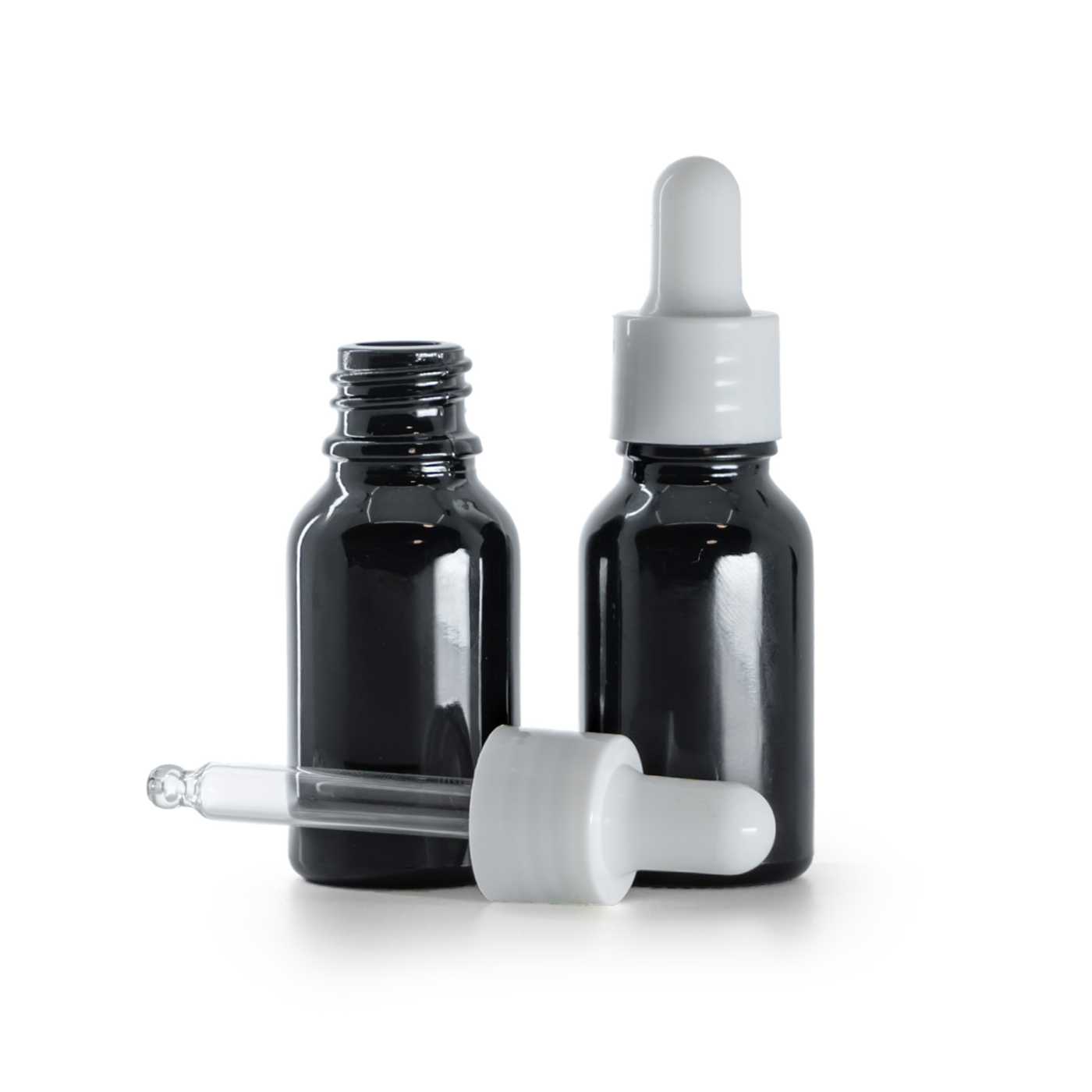 Butelka szklana czarna błyszcząca, kroplomierz biały błyszczący, 15 ml