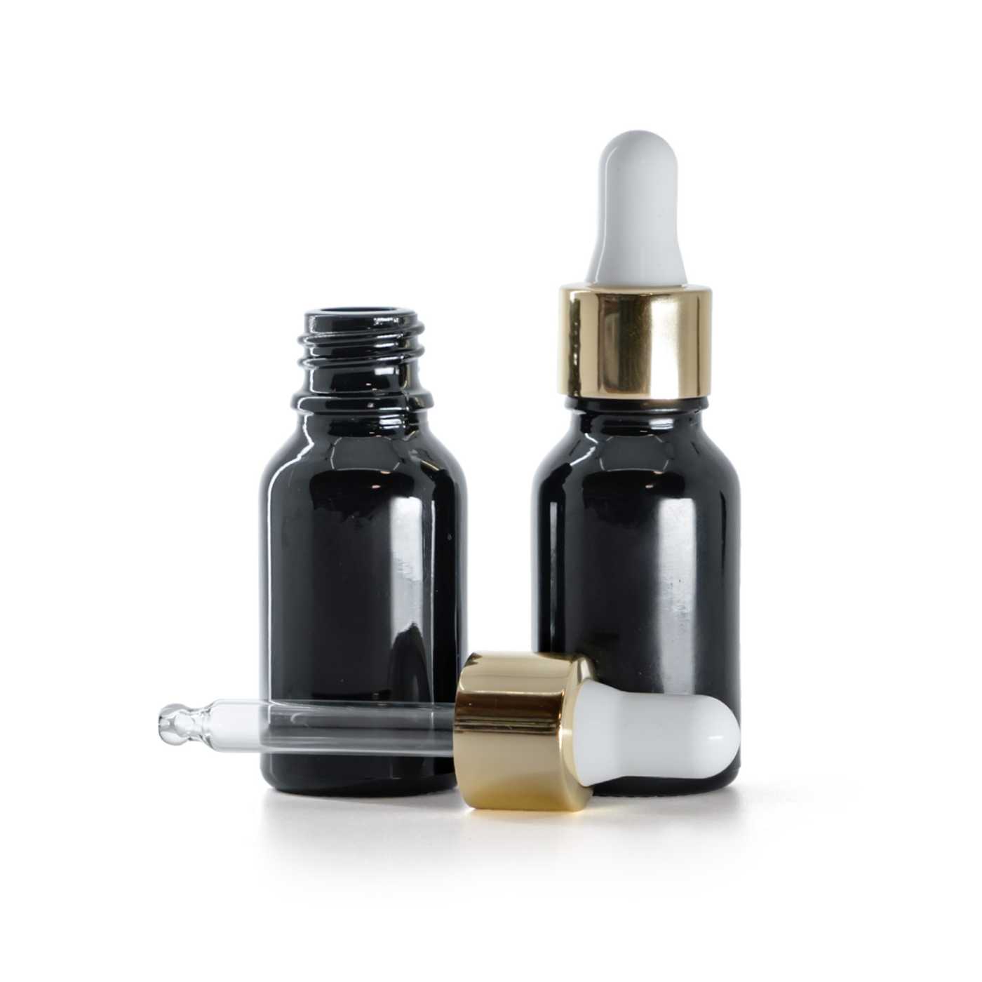 Butelka szklana, czarna błyszcząca, biało-złoty kroplomierz, 15 ml