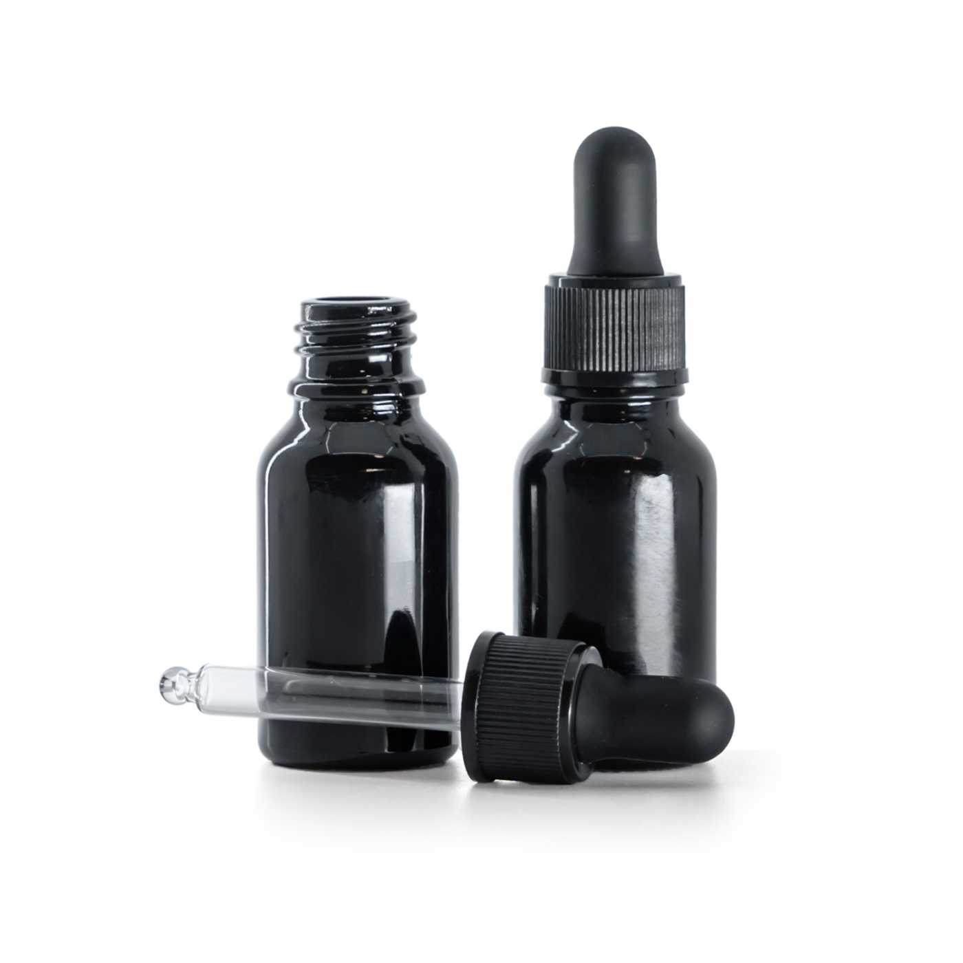 Flacon en verre noir brillant avec compte-gouttes noir mat 15 ml