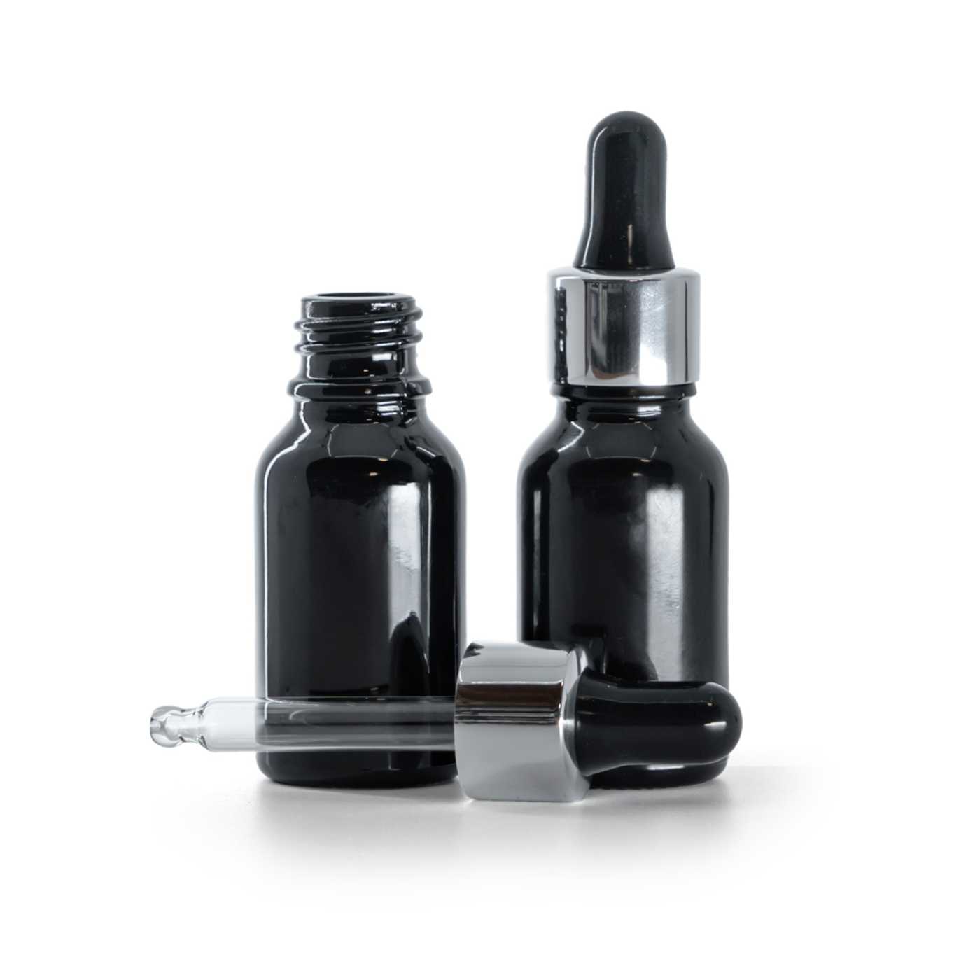Flacon en verre noir brillant, compte-gouttes noir argenté, 15 ml