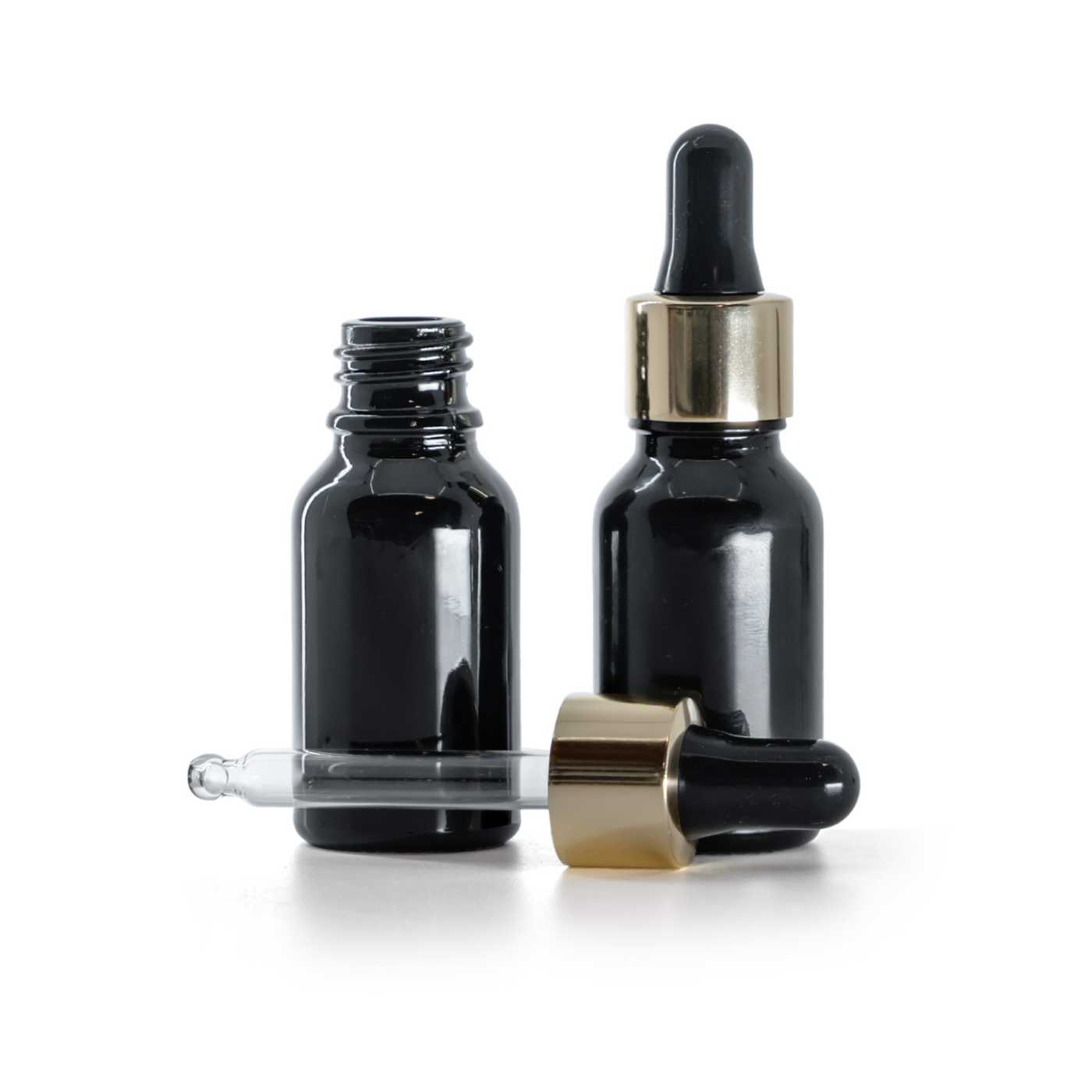 Butelka szklana, czarna błyszcząca, czarno-złoty kroplomierz, 15 ml