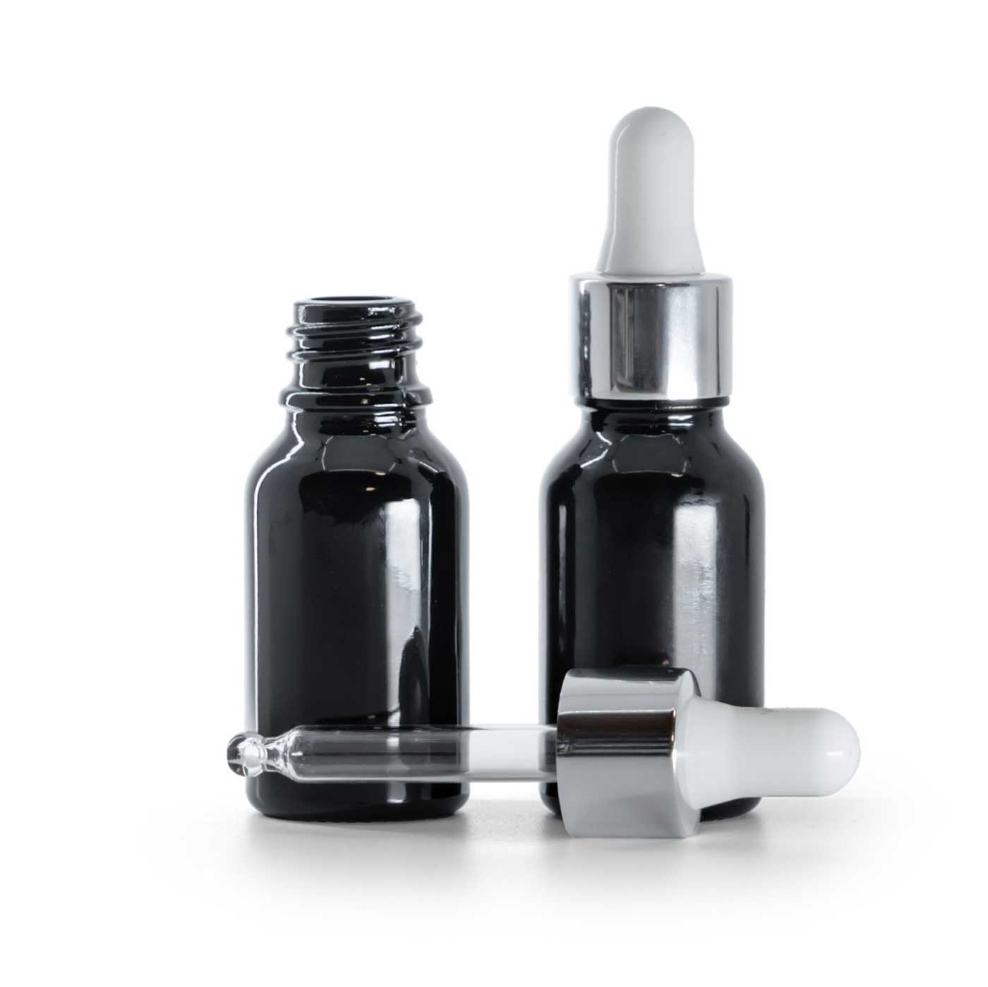 Butelka szklana czarna błyszcząca, kroplomierz srebrny błyszczący, 15 ml