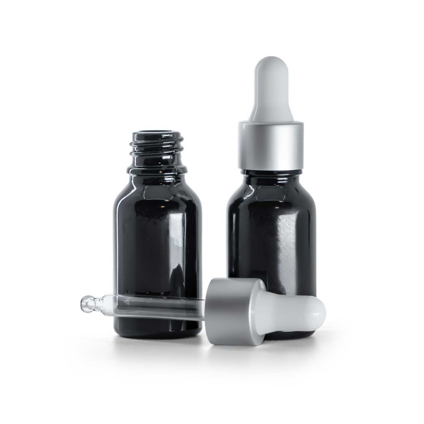 Butelka szklana czarna błyszcząca, kroplomierz srebrny matowy, 15 ml