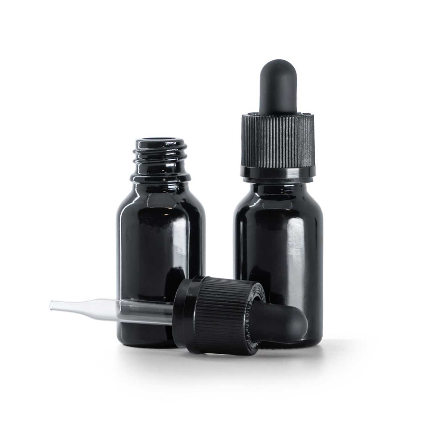Butelka szklana czarna błyszcząca, pipeta z zabezpieczeniem, 15 ml