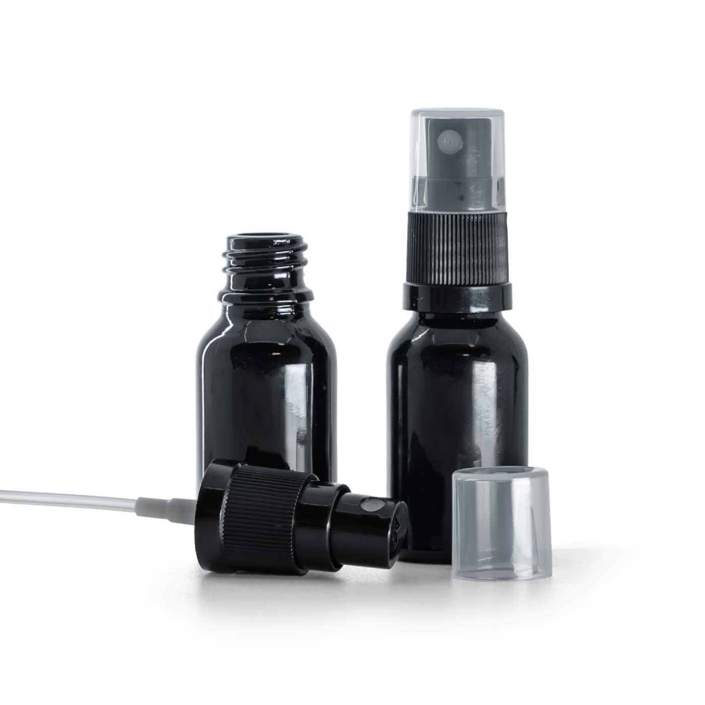 Butelka szklana, czarna błyszcząca, czarny atomizer, 15 ml