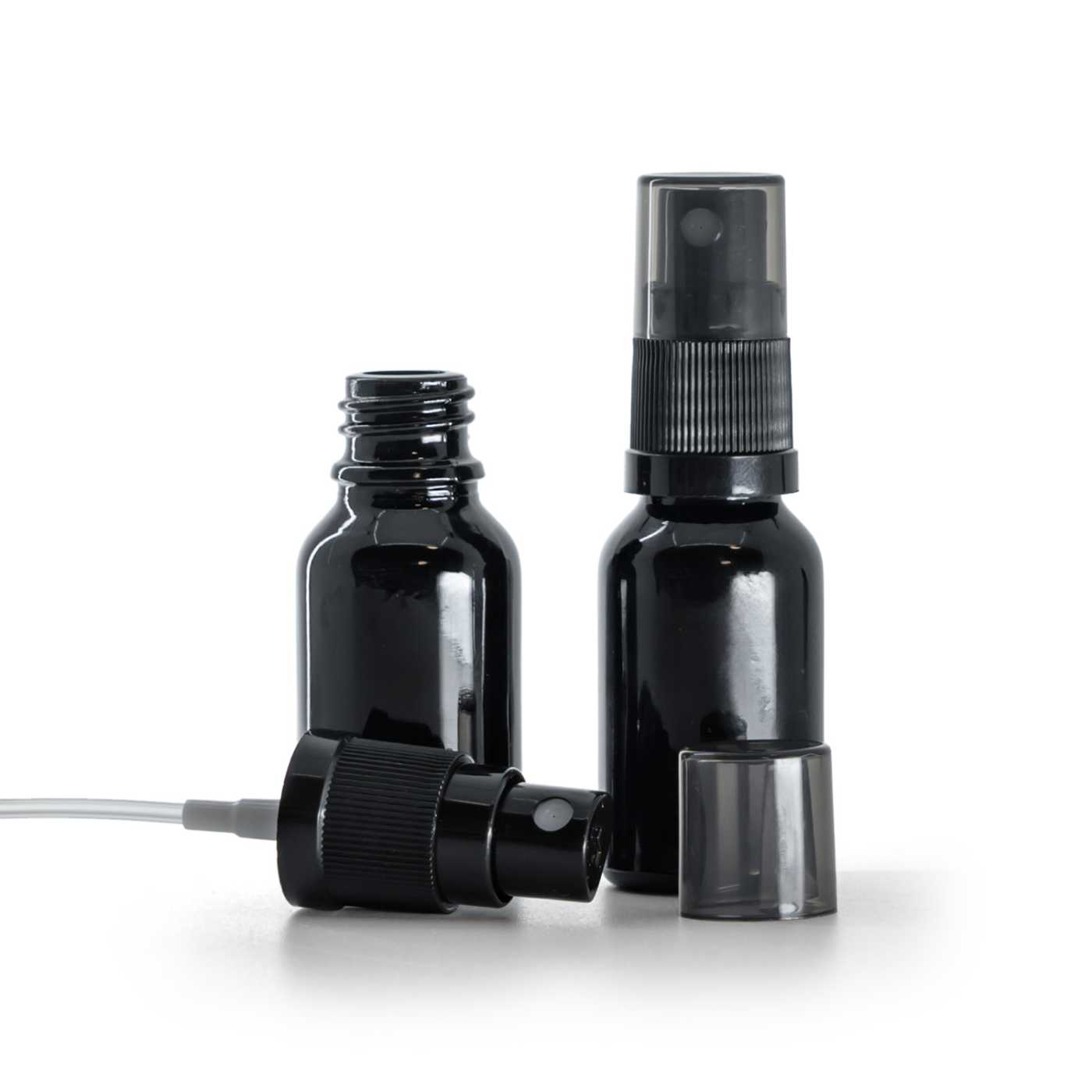 Flacon en verre noir brillant, spray brume fine noir, surcapuchon fumé, 15 ml