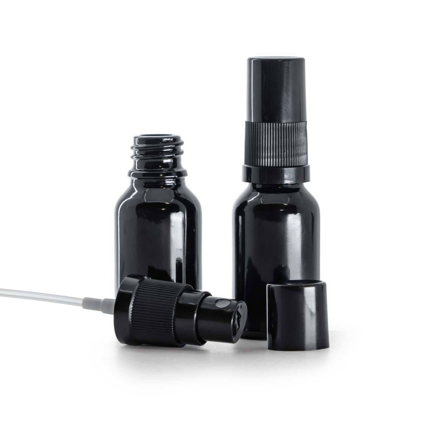 Butelka szklana czarna błyszcząca, atomizer czarny, czarny kapturek, 15 ml