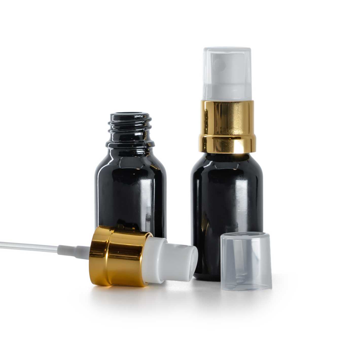 Butelka szklana, czarna błyszcząca, biało-złoty atomizer, 15 ml