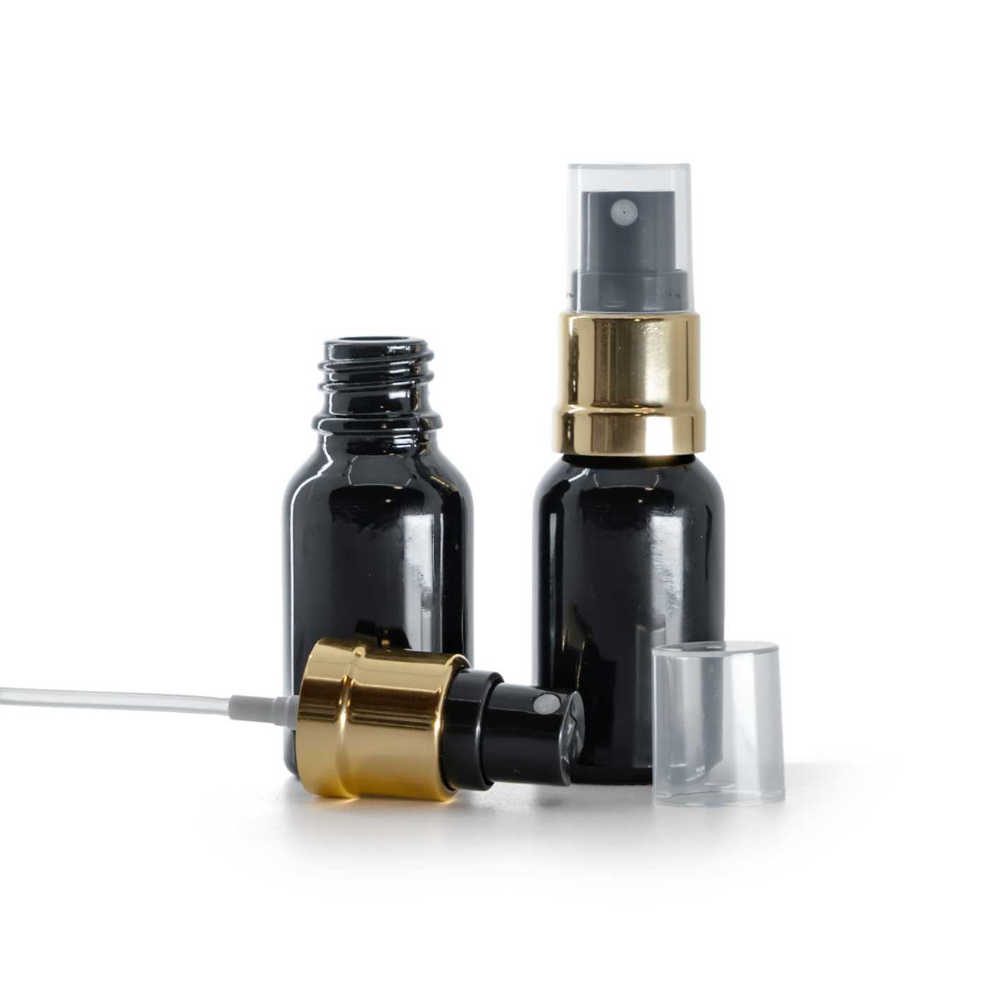 Flacon en verre noir brillant avec pompe spray noir-or 15 ml
