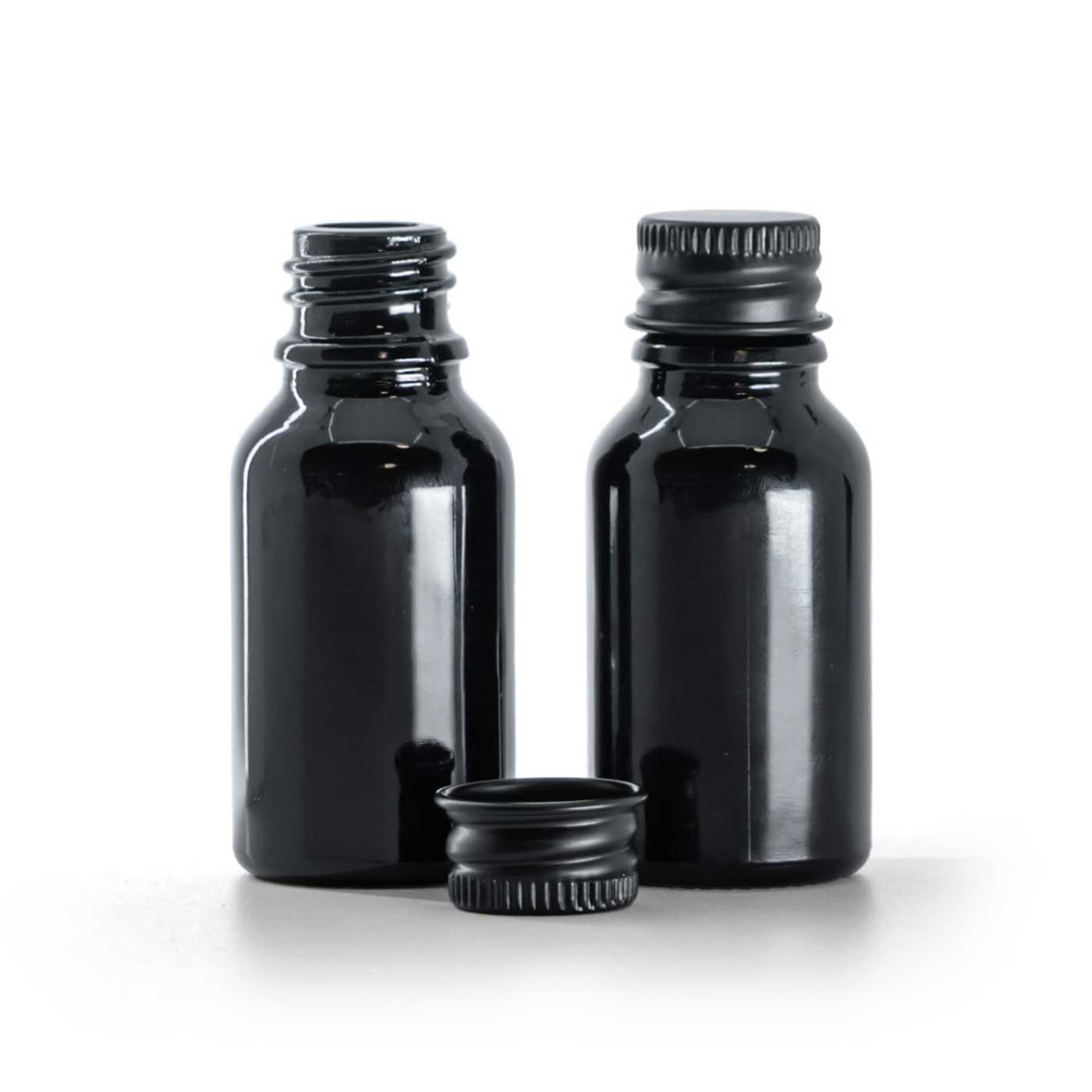 Butelka szklana, czarna błyszcząca, czarna nakrętka aluminiowa, 15 ml
