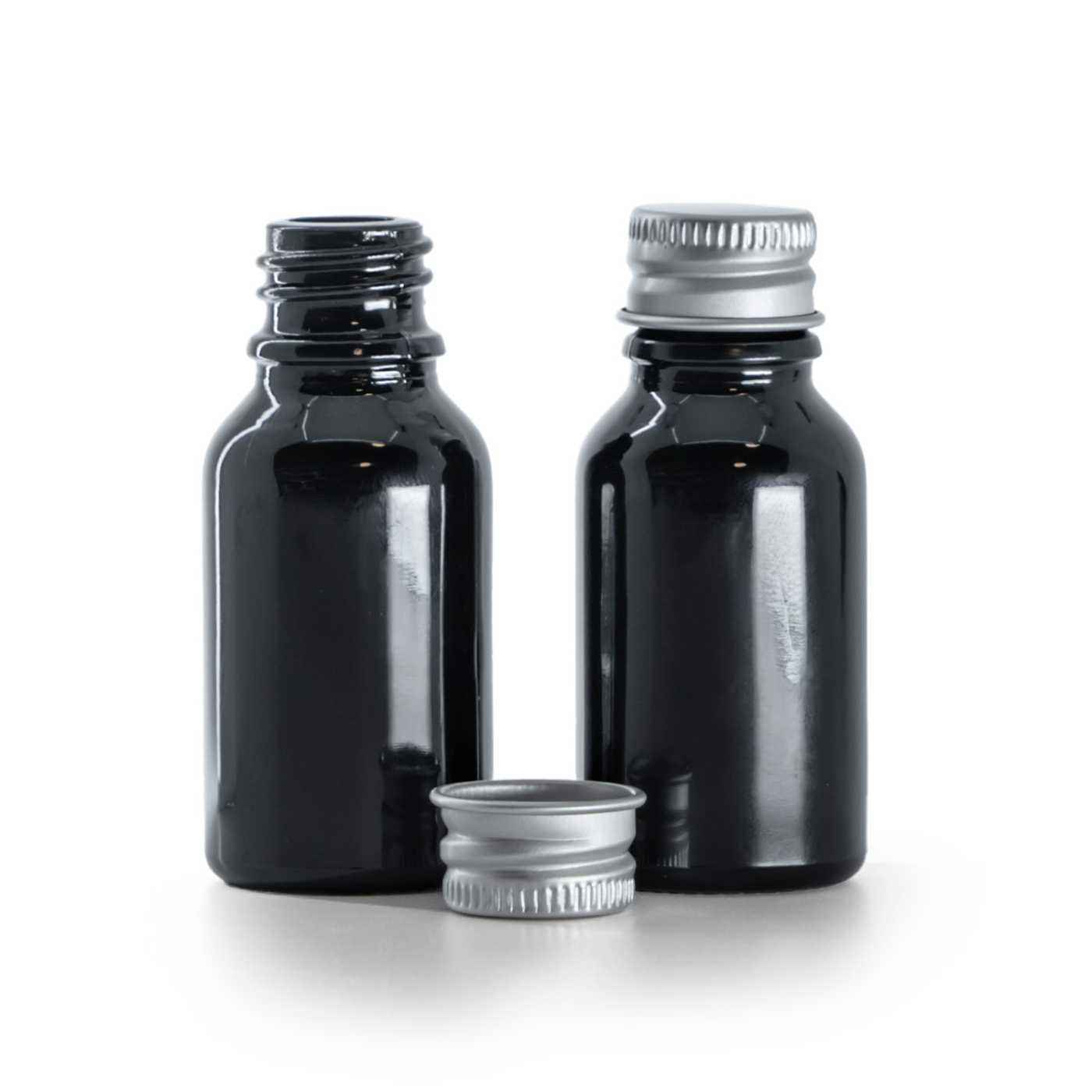 Flacon, verre, noir brillant, bouchon en aluminium, 15 ml