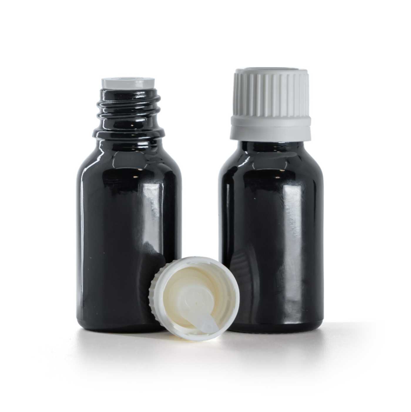 Butelka szklana, czarna błyszcząca, biała nakrętka z kroplomierzem, 15 ml
