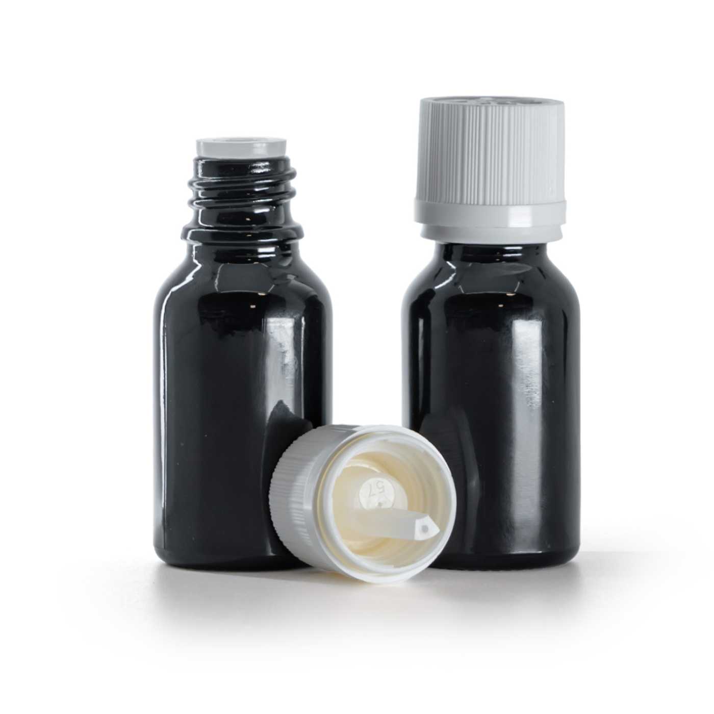 Butelka szklana, czarna błyszcząca, biała żebrowana nakrętka z zabezpieczeniem, 15 ml