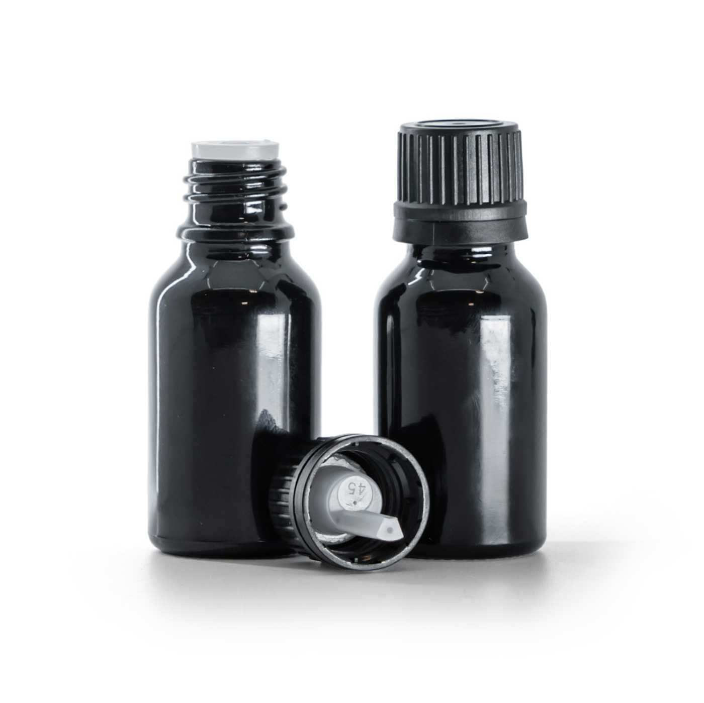 Butelka szklana czarna błyszcząca, nakrętka czarna z kroplomierzem, 15 ml