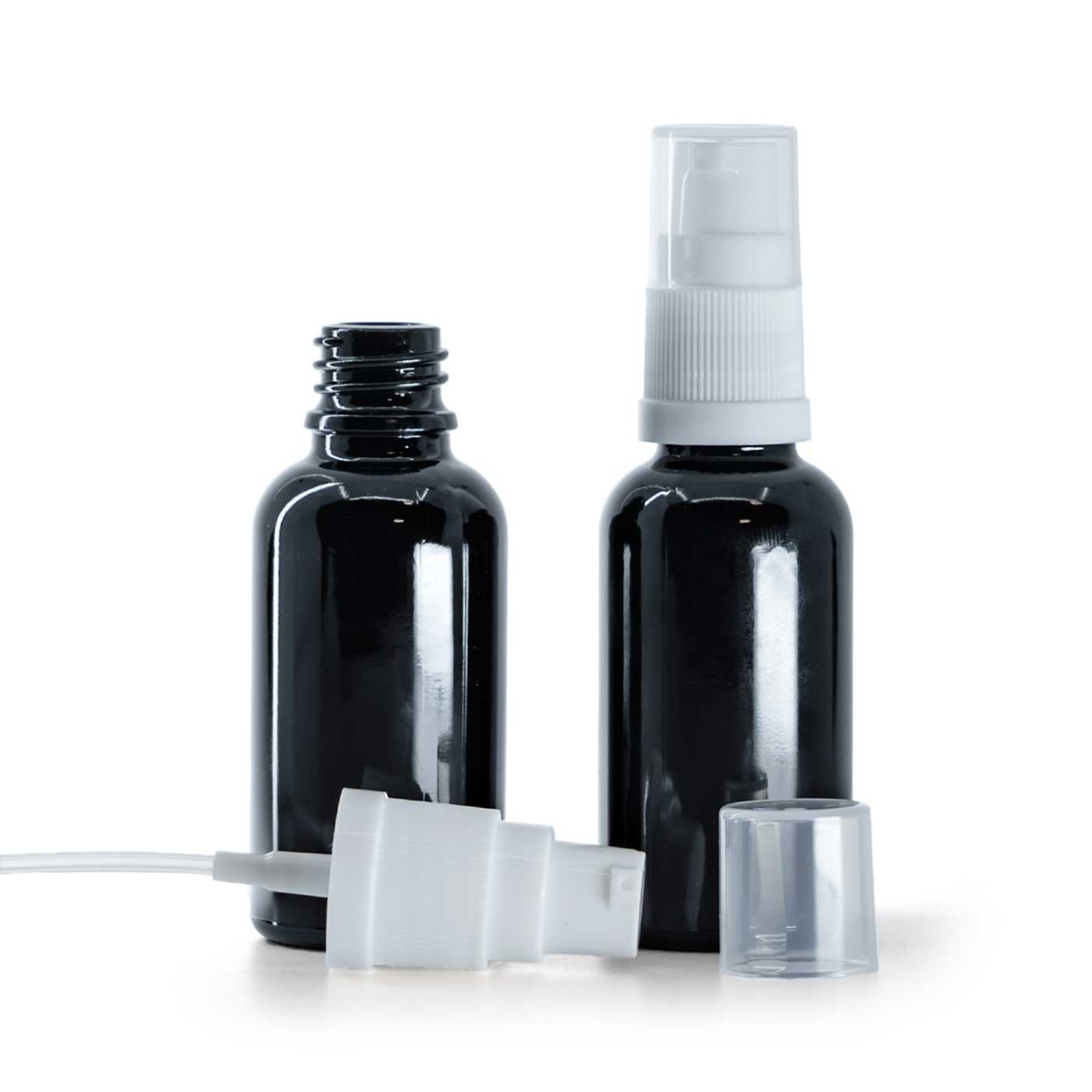 Butelka szklana, czarna błyszcząca, biały dozownik, 30 ml