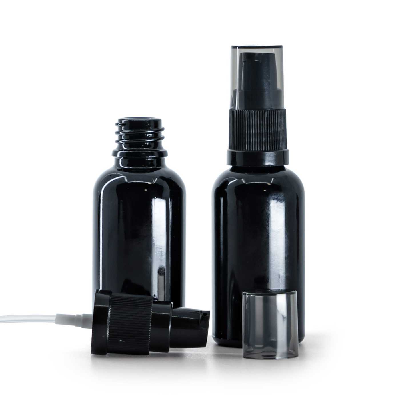Flacon en verre noir brillant, distributeur de crème avec surcapuchon fumé, 30 ml