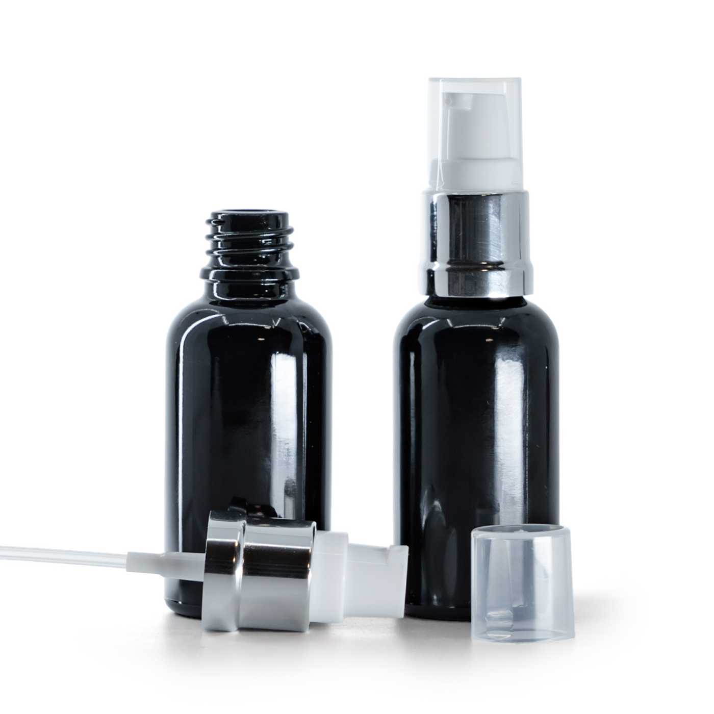 Butelka szklana czarna błyszcząca, dozownik biało-srebrny błyszczący, 30 ml