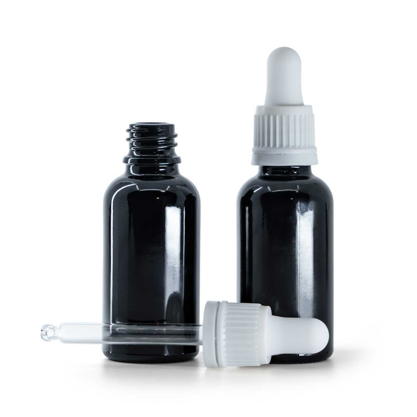 Butelka szklana czarna błyszcząca, kroplomierz biały, 30 ml
