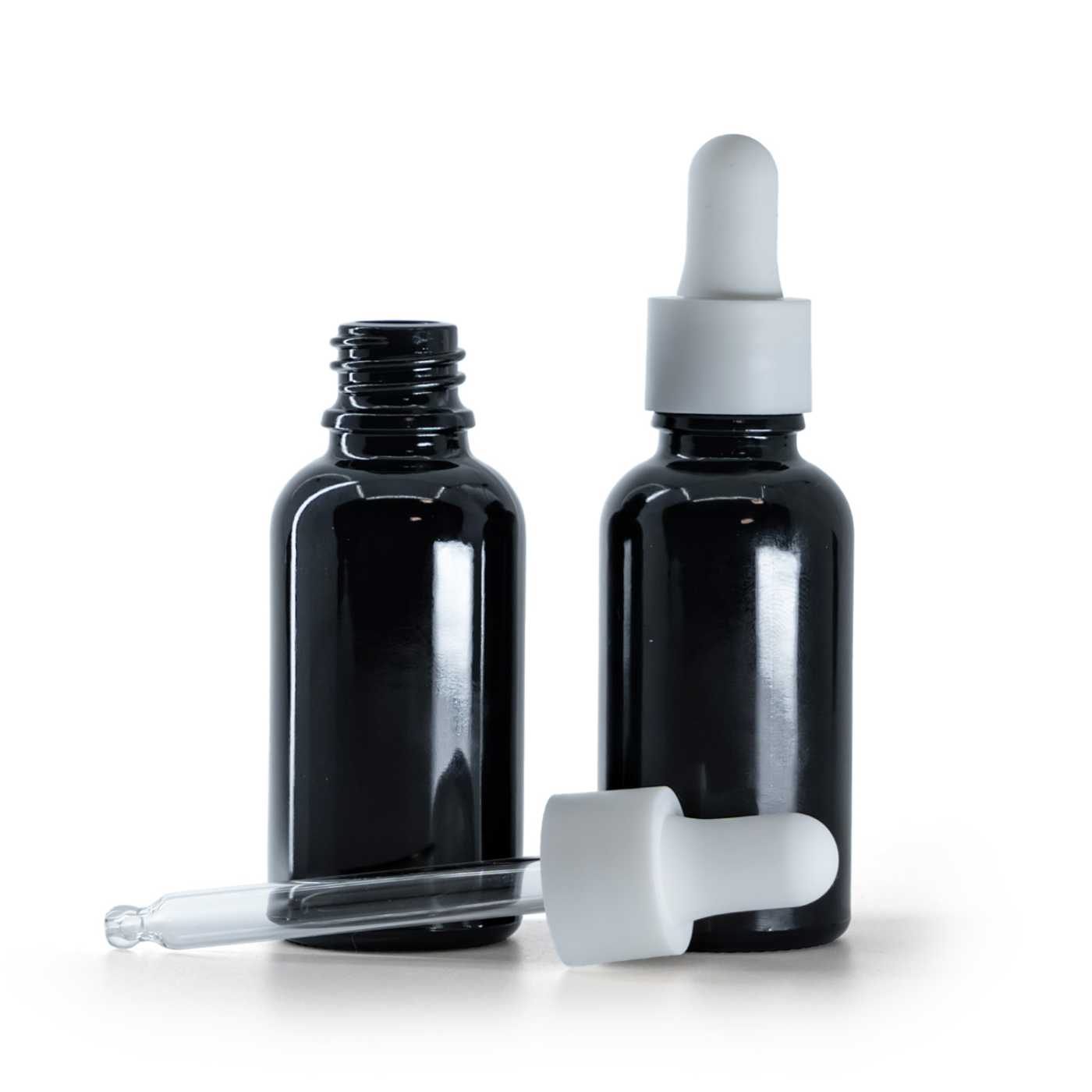 Flacon en verre noir brillant avec compte-gouttes blanc mat lisse 30 ml