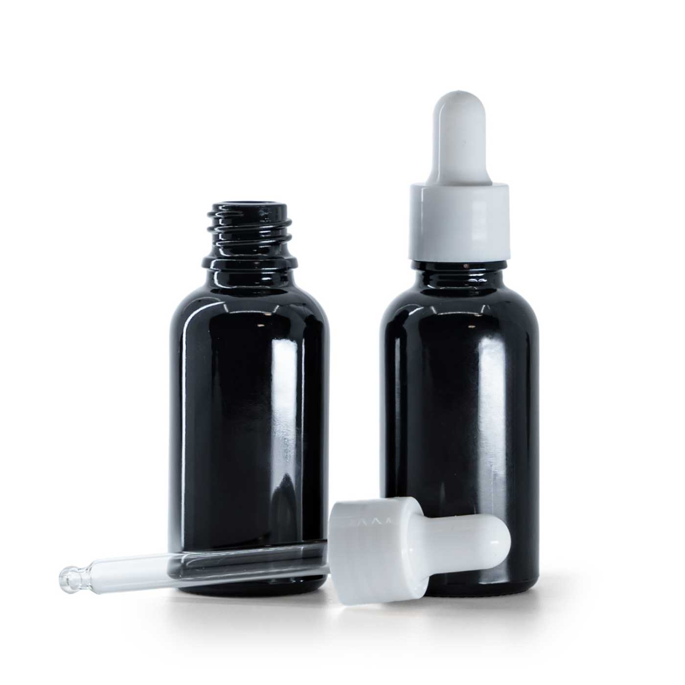Butelka szklana czarna błyszcząca, kroplomierz biały błyszczący, 30 ml