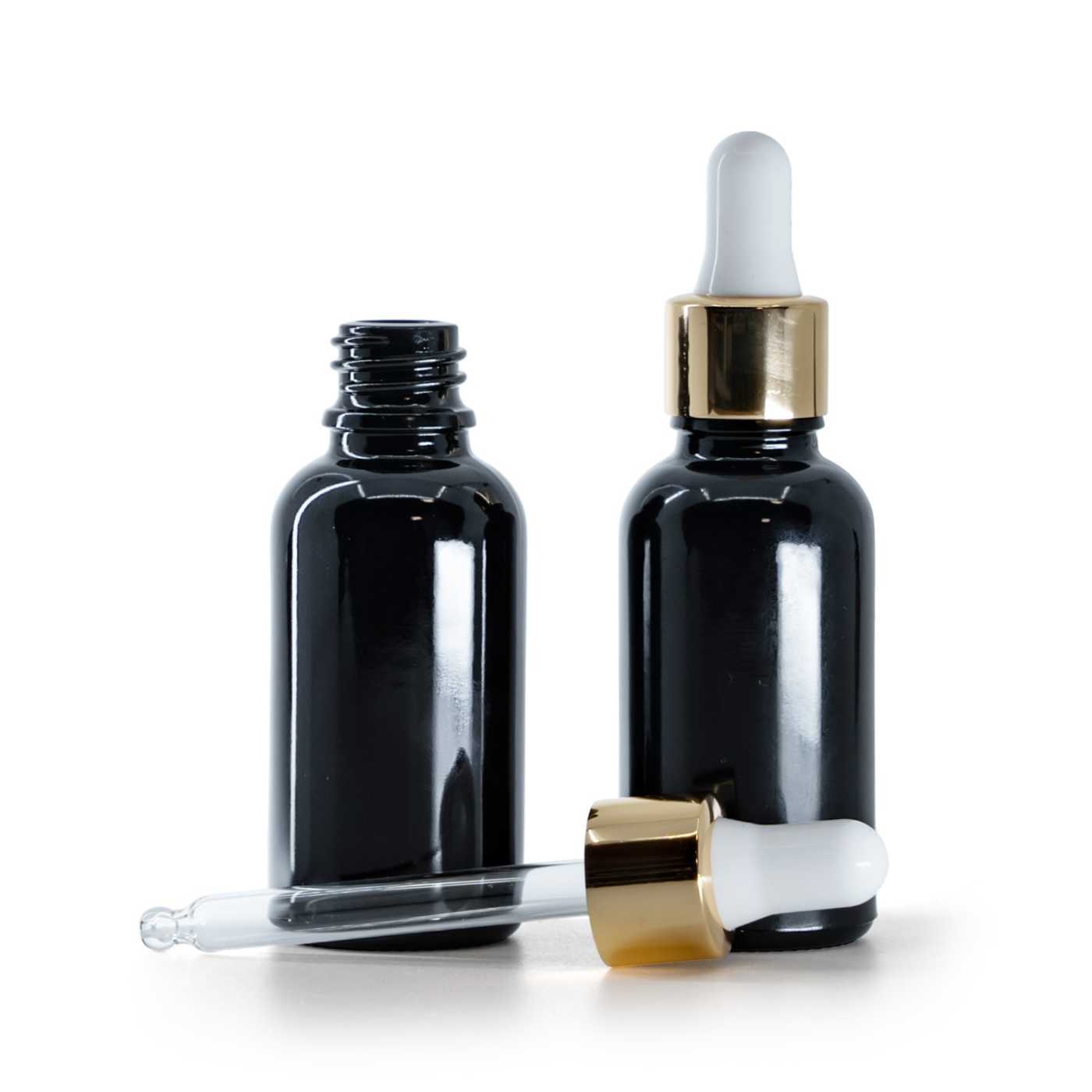 Butelka szklana, czarna błyszcząca, biało-złoty kroplomierz, 30 ml