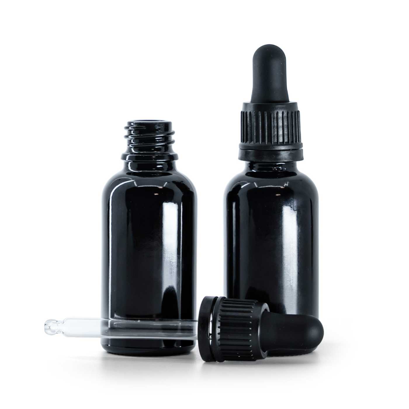 Butelka szklana, czarna błyszcząca, czarny kroplomierz, 30 ml