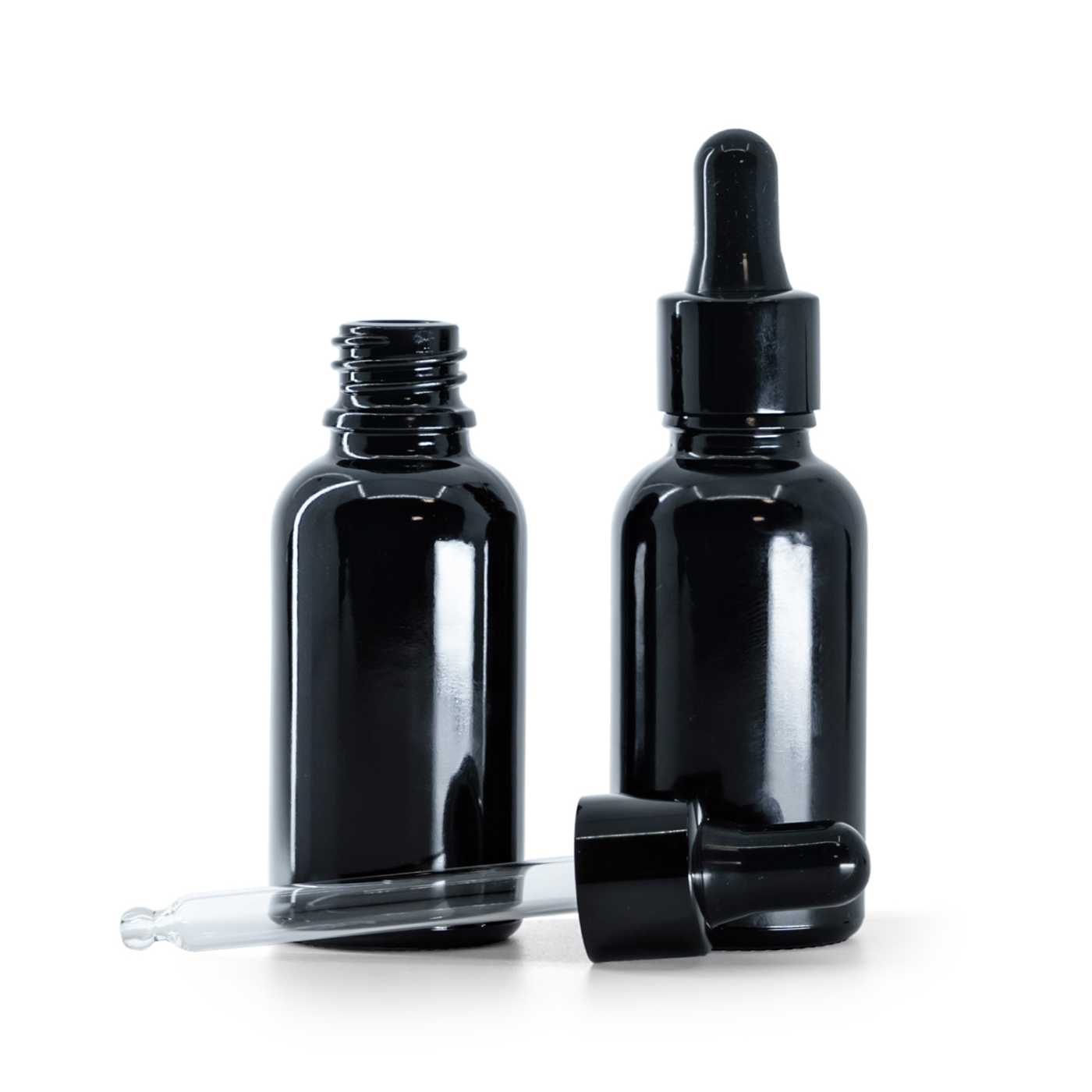 Butelka szklana, czarna błyszcząca, czarny błyszczący kroplomierz, 30 ml