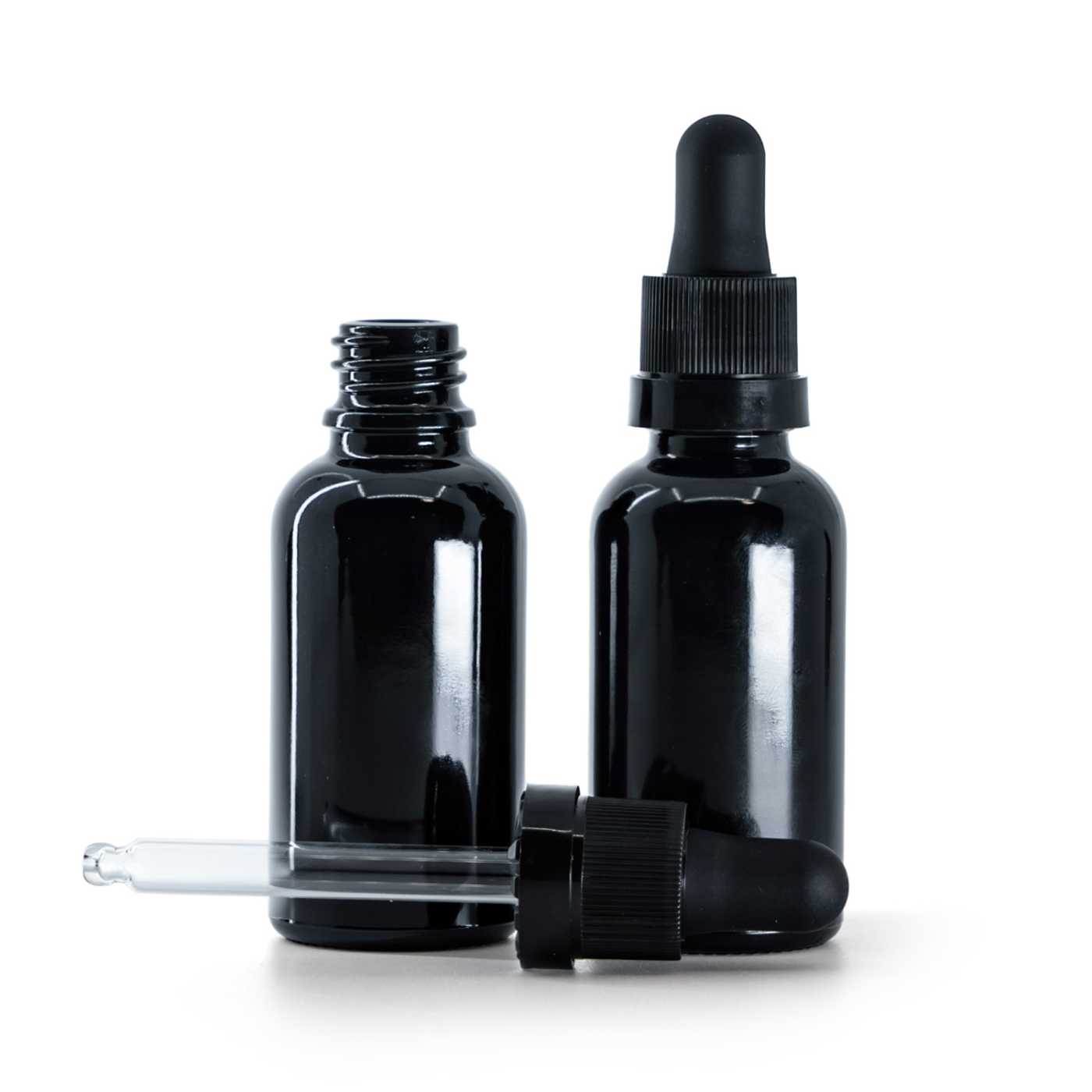 Gloss Black Glass Bottle, Matte Black Dropper With Shiny Strip, 30 ml