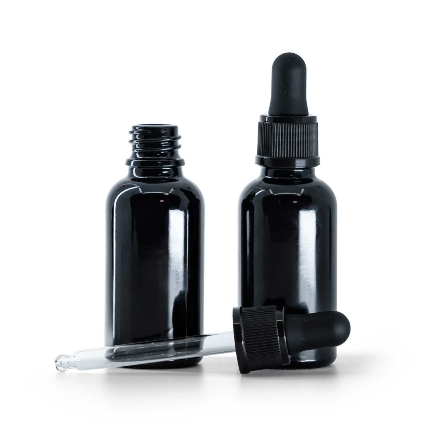 Butelka szklana, czarna błyszcząca, czarny kroplomierz matowy, 30 ml