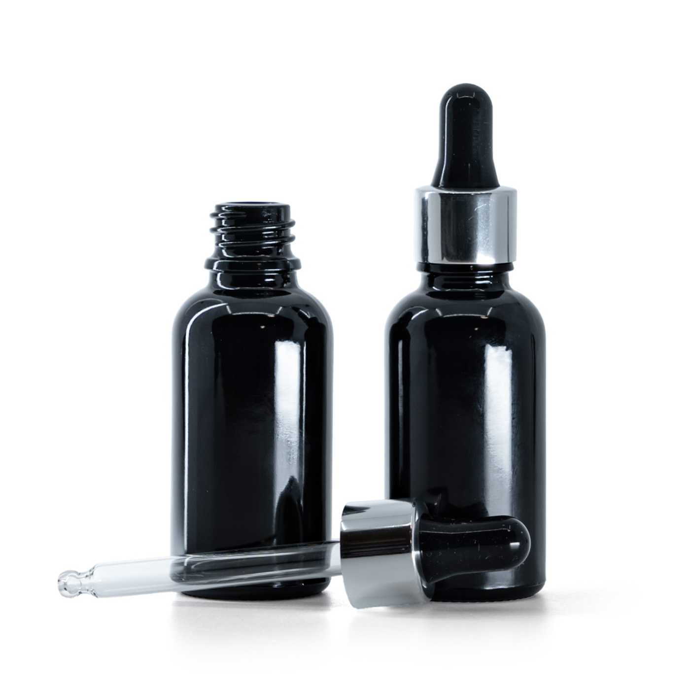 Flacon en verre noir brillant, pipette noir-argent, 30 ml