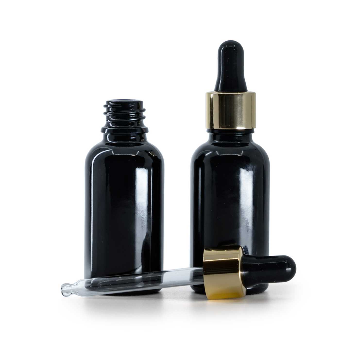 Sklenená fľaška, čierna lesklá, čierno-zlaté kvapátko, 30 ml