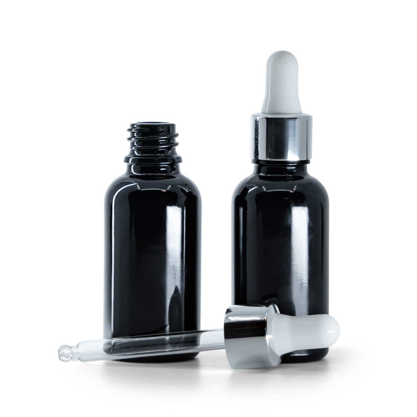 Flacon en verre noir brillant avec compte-gouttes argenté brillant, 30 ml
