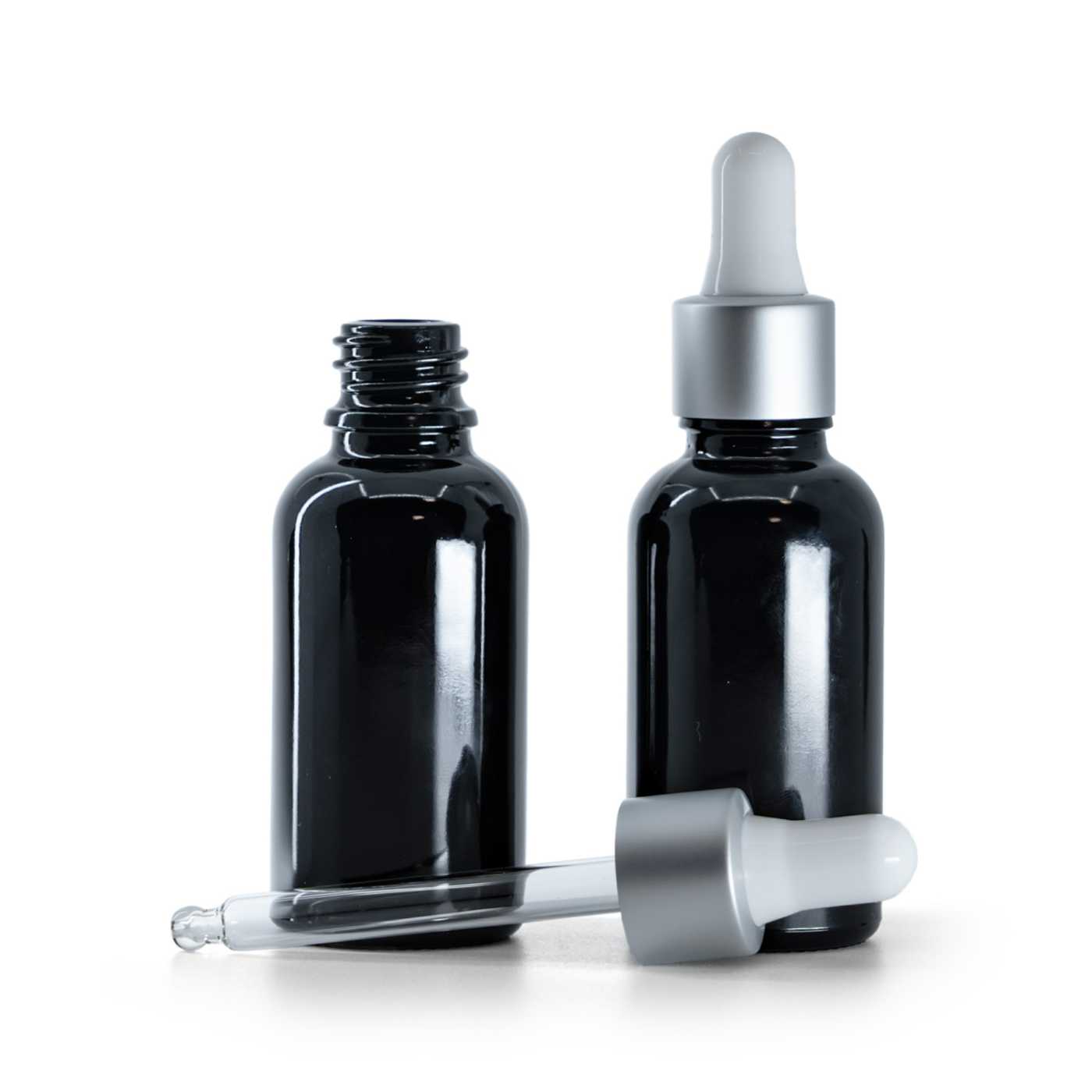 Butelka szklana czarna błyszcząca, kroplomierz srebrny matowy, 30 ml