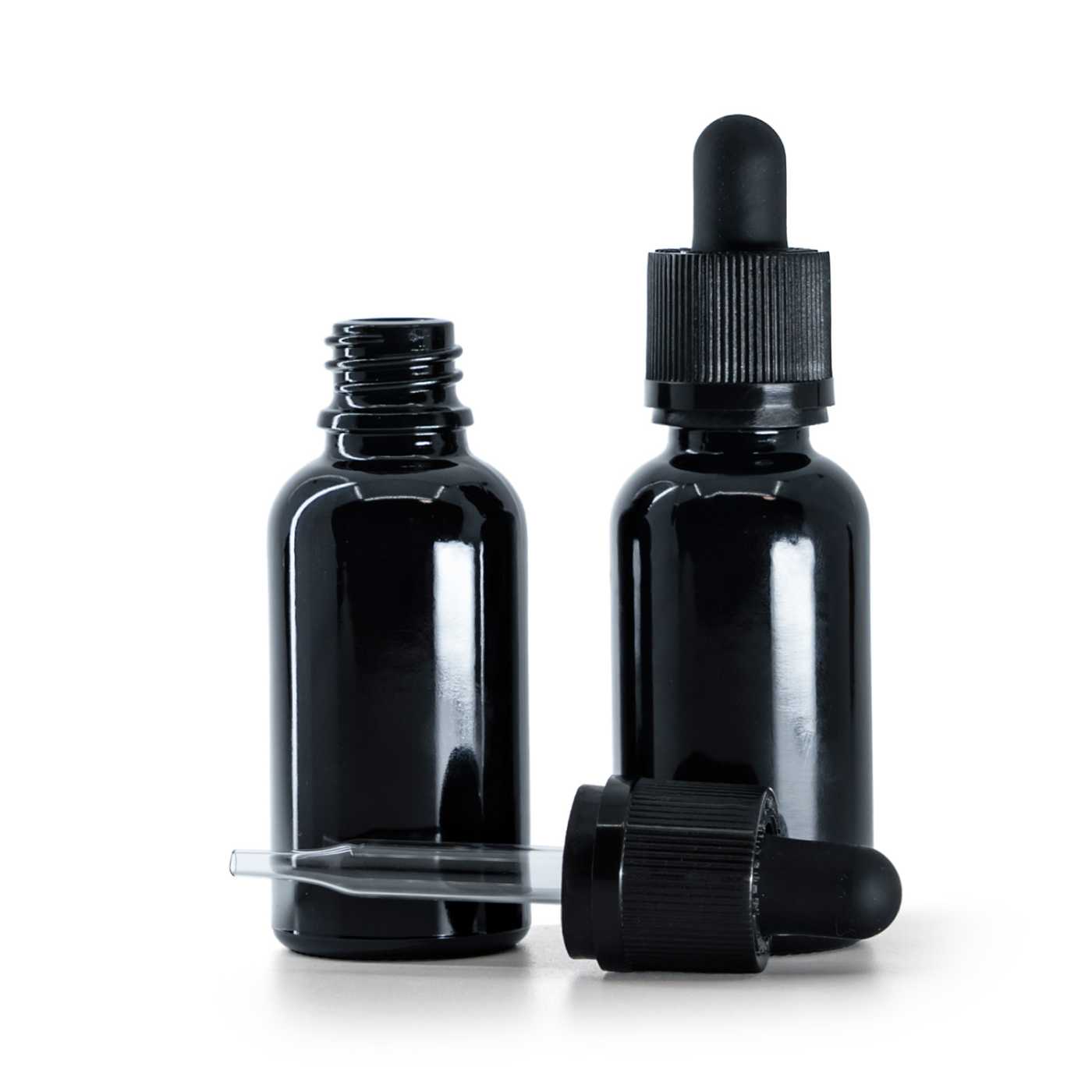 Butelka szklana czarna błyszcząca, pipeta z zabezpieczeniem, 30 ml
