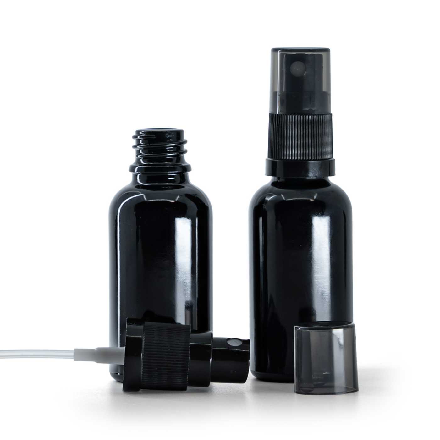 Flacon en verre noir brillant, spray brume fine noir, surcapuchon fumé, 30 ml