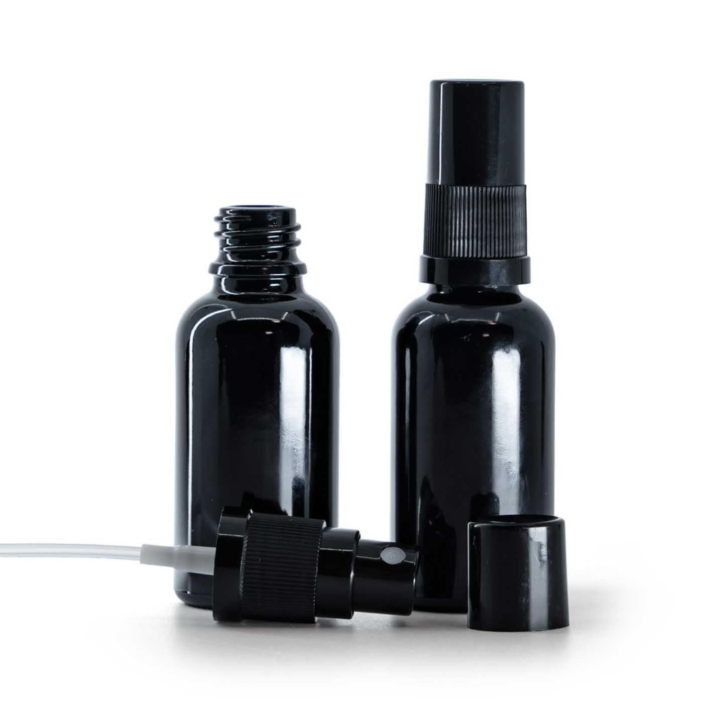 Butelka szklana czarna błyszcząca, atomizer czarny, czarny kapturek, 30 ml
