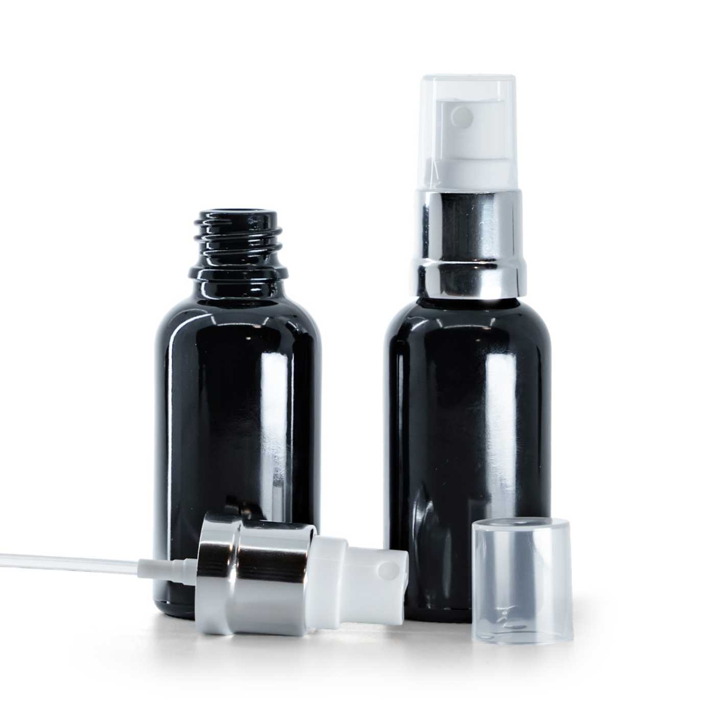 Butelka szklana czarna błyszcząca, atomizer biało-srebrny, 30 ml