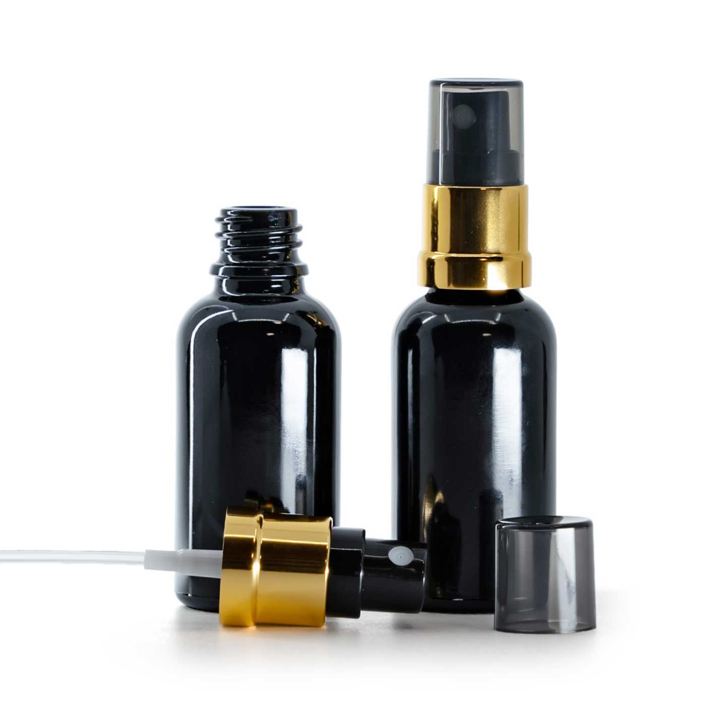 Butelka szklana, czarna błyszcząca, czarno-złoty atomizer, przydymiona nasadka, 30 ml