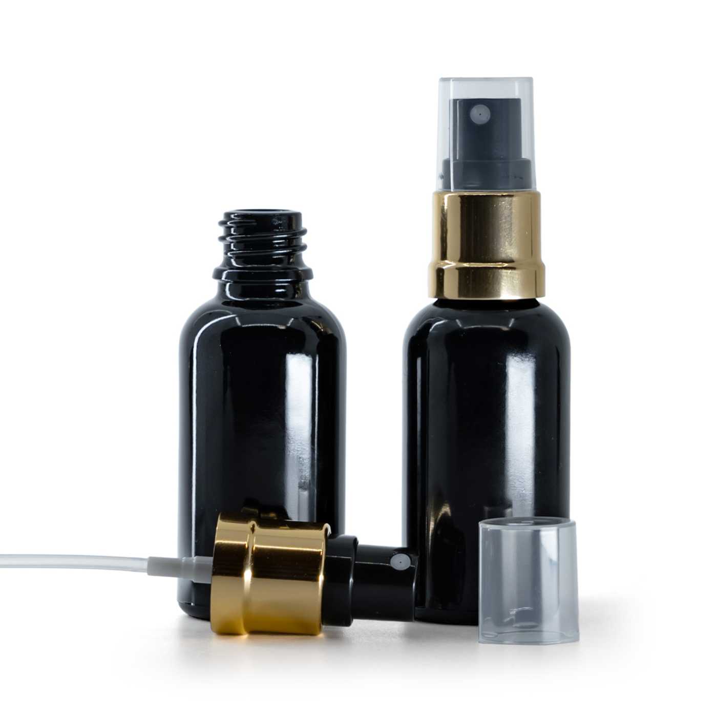 Flacon en verre noir brillant, pompe spray noir et or, 30 ml