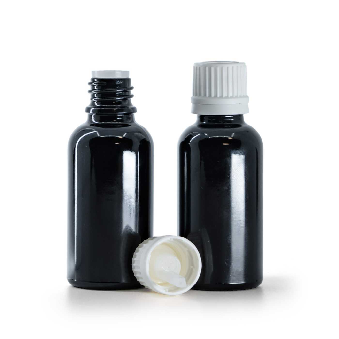 Butelka szklana, czarna błyszcząca, biała nakrętka z kroplomierzem, 30 ml