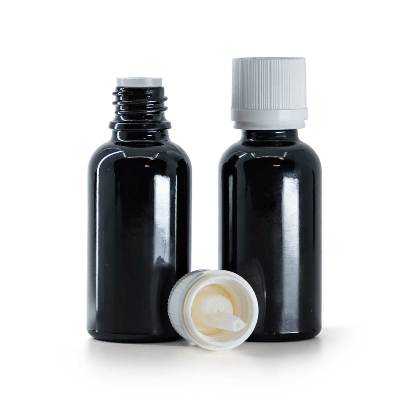 Butelka szklana, czarna błyszcząca, biała żebrowana nakrętka z zabezpieczeniem, 30 ml