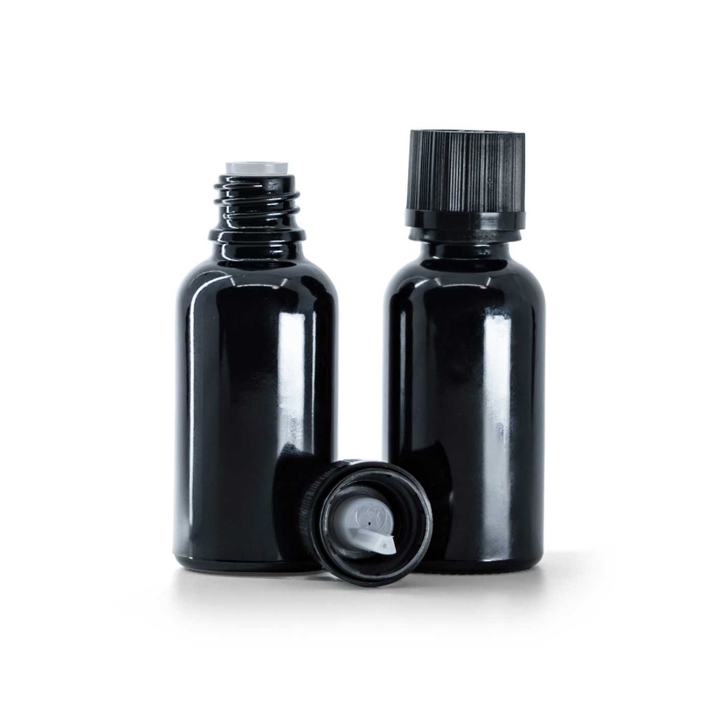 Flacon en verre noir brillant, bouchon de sécurité noir avec compte-gouttes, 30 ml