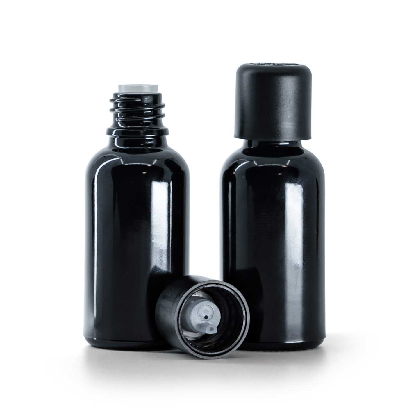 Butelka szklana czarna błyszcząca, nakrętka czarna z zabezpieczeniem, 30 ml
