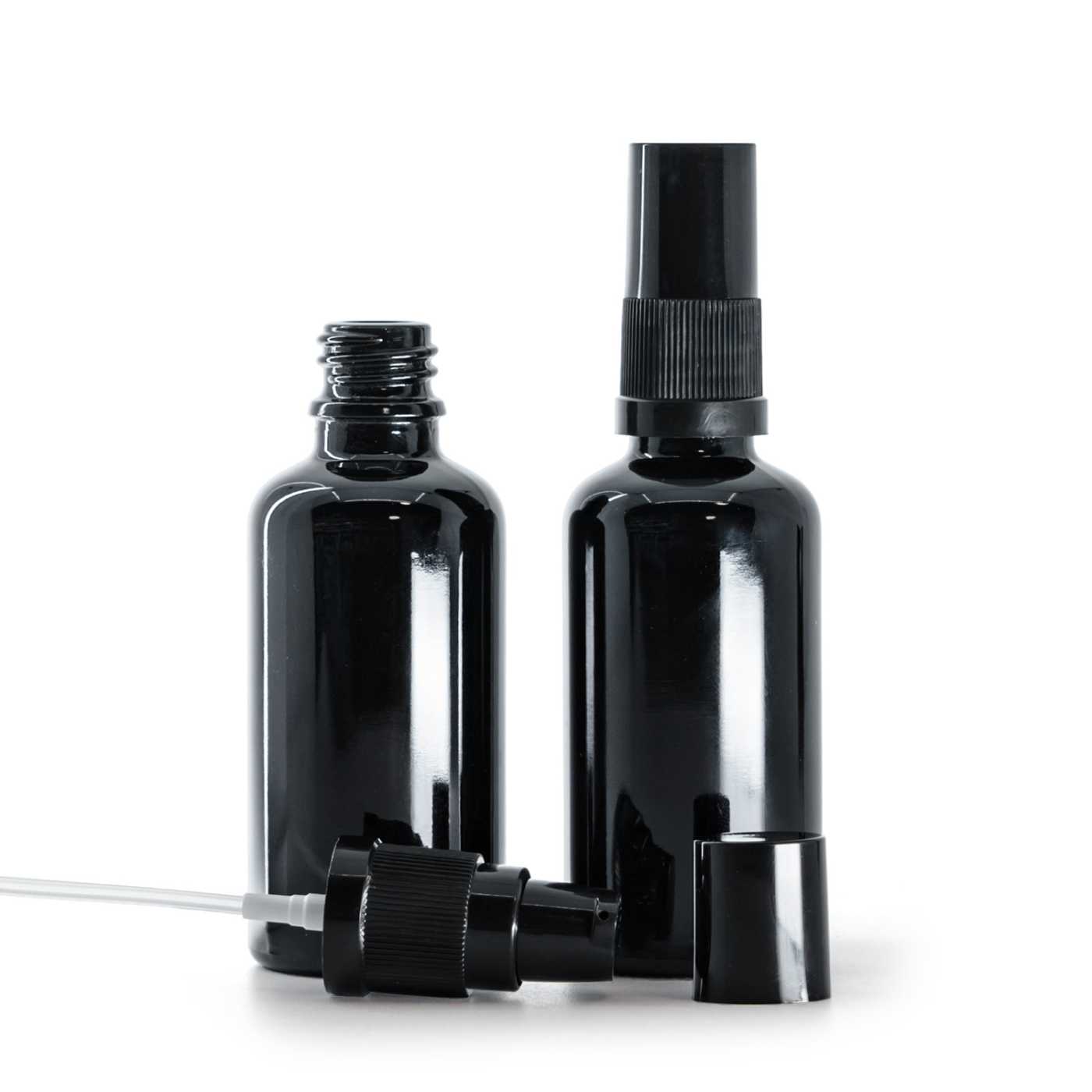 Fekete fényes üvegpalack krémpumpával és fekete kupakkal 50 ml